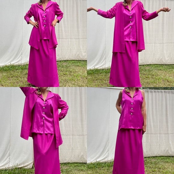 VTG PINK SATIN 3 Piece SUIT JACKET SKIRT & VEST RHINESTONES Dance Party - Picture 2 of 15